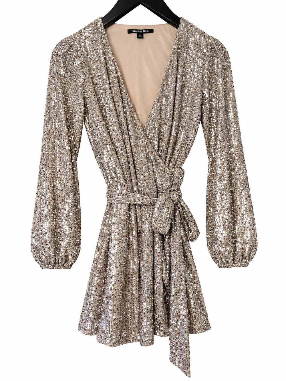 Gianni Bini Wrap Dress Size XS Silver Sequin Balloon Sleeve Mini